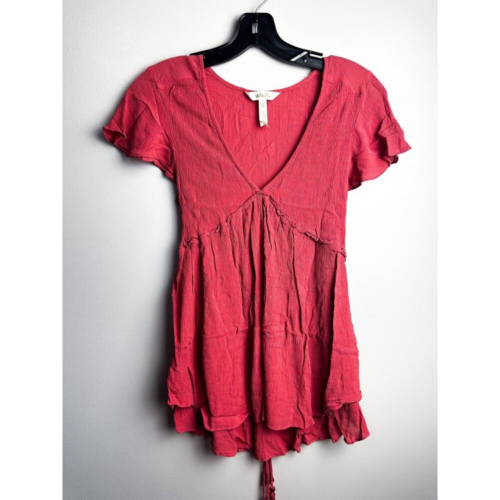 Matilda Jane Tie Waist Baby Doll Blouse Pink V Neck Flowy Boho Top Womens Small